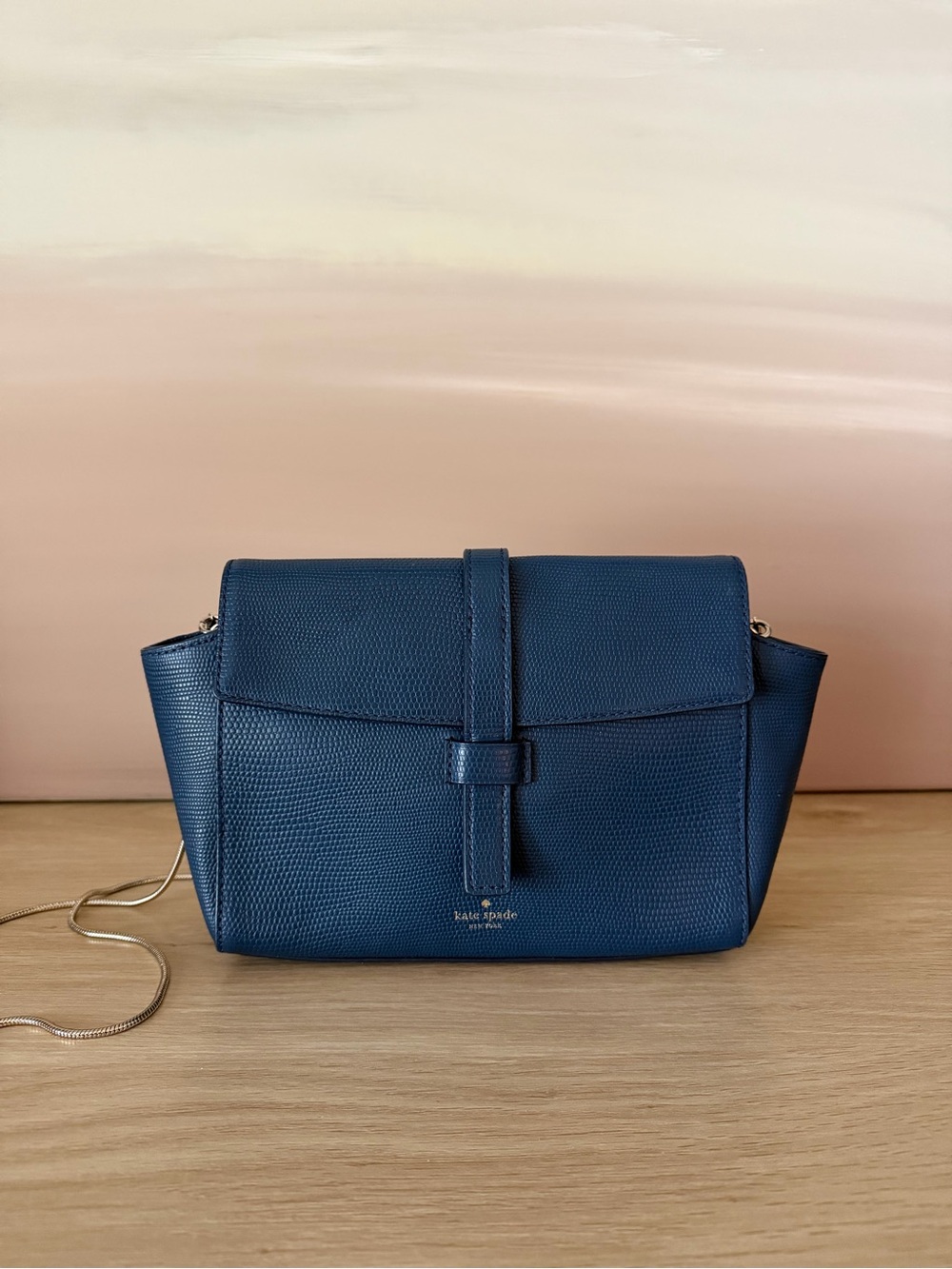 kate spade navy pebbled leather crossbody with gold chain